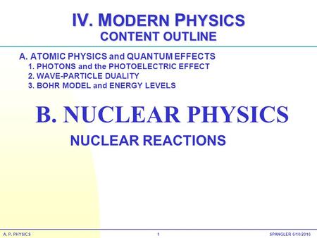A. P. PHYSICS 1 SPANGLER 6/10/2016 A. ATOMIC PHYSICS and QUANTUM EFFECTS 1. PHOTONS and the PHOTOELECTRIC EFFECT 2. WAVE-PARTICLE DUALITY 3. BOHR MODEL.