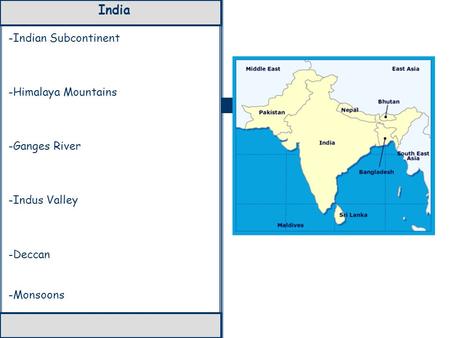 India -Indian Subcontinent -Himalaya Mountains -Ganges River -Indus Valley -Deccan -Monsoons.