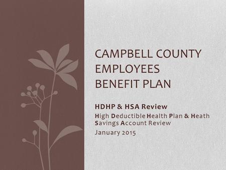 CAMPBELL COUNTY EMPLOYEES BENEFIT PLAN HDHP & HSA Review High Deductible Health Plan & Heath Savings Account Review January 2015.