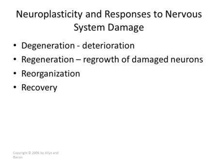 Degeneration - deterioration Regeneration – regrowth of damaged neurons Reorganization Recovery Copyright © 2006 by Allyn and Bacon Neuroplasticity and.