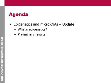 Agenda  Epigenetics and microRNAs – Update –What’s epigenetics? –Preliminary results.