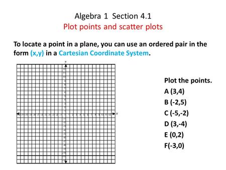 Algebra 1 Section 4.1 Plot points and scatter plots To locate a point in a plane, you can use an ordered pair in the form (x,y) in a Cartesian Coordinate.
