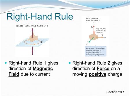 Right-hand Rule 2 gives direction of Force on a moving positive charge Right-Hand Rule Right-hand Rule 1 gives direction of Magnetic Field due to current.