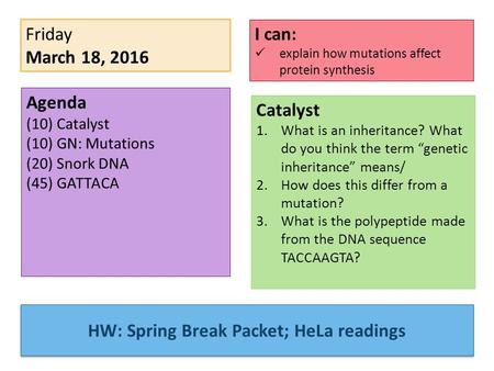 Friday March 18, 2016 Agenda (10) Catalyst (10) GN: Mutations (20) Snork DNA (45) GATTACA I can: explain how mutations affect protein synthesis Catalyst.
