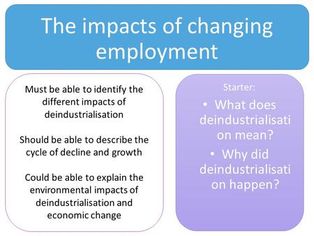 The impacts of changing employment Starter: What does deindustrialisati on mean? Why did deindustrialisati on happen? Must be able to identify the different.