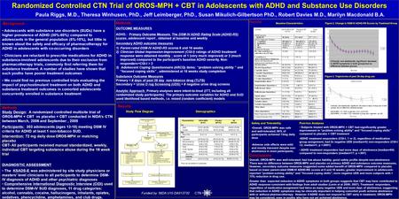 Randomized Controlled CTN Trial of OROS-MPH + CBT in Adolescents with ADHD and Substance Use Disorders Paula Riggs, M.D., Theresa Winhusen, PhD., Jeff.