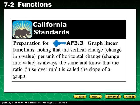 Holt CA Course 1 7-2 Functions Preparation for AF3.3 Graph linear functions, noting that the vertical change (change in y-value) per unit of horizontal.