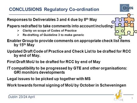 1 Dublin 23/24 April CONCLUSIONS Regulatory Co-ordination Responses to Deliverables 3 and 4 due by 8 th May Papers redrafted to take comments into account.