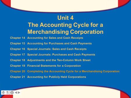 0 Glencoe Accounting Unit 4 Chapter 20 Copyright © by The McGraw-Hill Companies, Inc. All rights reserved. Unit 4 The Accounting Cycle for a Merchandising.
