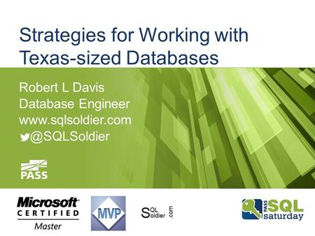 Strategies for Working with Texas-sized Databases Robert L Davis Database Engineer