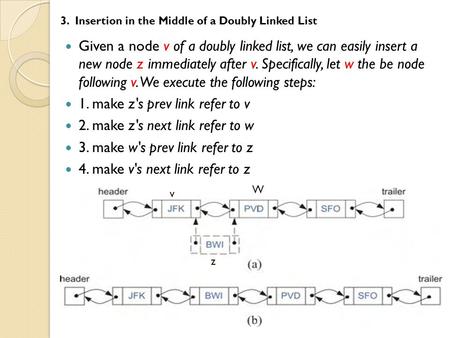 Given a node v of a doubly linked list, we can easily insert a new node z immediately after v. Specifically, let w the be node following v. We execute.