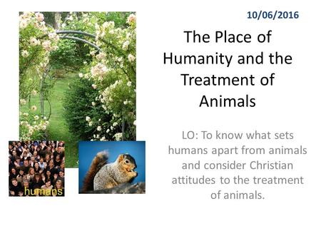 The Place of Humanity and the Treatment of Animals LO: To know what sets humans apart from animals and consider Christian attitudes to the treatment of.