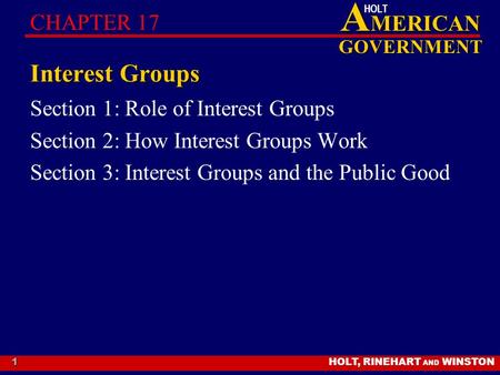 HOLT, RINEHART AND WINSTON A MERICAN GOVERNMENT HOLT 1 Interest Groups Section 1: Role of Interest Groups Section 2: How Interest Groups Work Section 3: