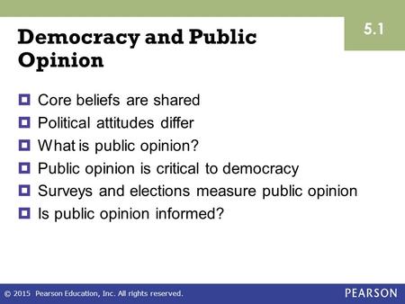 Democracy and Public Opinion  Core beliefs are shared  Political attitudes differ  What is public opinion?  Public opinion is critical to democracy.