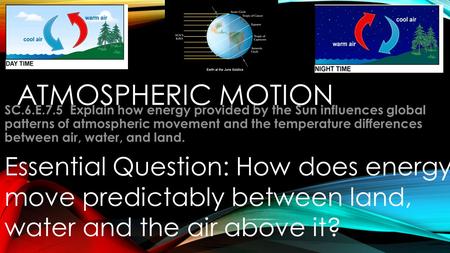 Atmospheric MOTION SC.6.E.7.5 Explain how energy provided by the Sun influences global patterns of atmospheric movement and the temperature differences.
