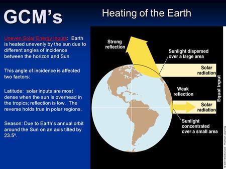 GCM’s Heating of the Earth Uneven Solar Energy Inputs: Earth is heated unevenly by the sun due to different angles of incidence between the horizon and.