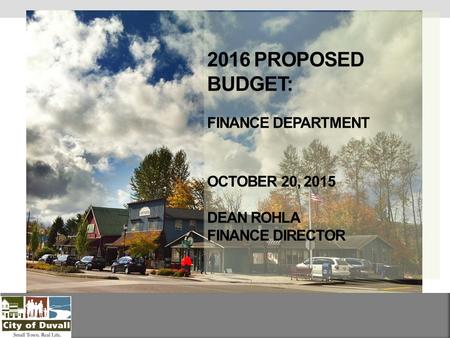 2016 PROPOSED BUDGET: FINANCE DEPARTMENT OCTOBER 20, 2015 DEAN ROHLA FINANCE DIRECTOR.