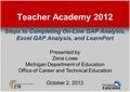 Teacher Academy 2012 Steps to Completing On-Line GAP Analysis, Excel GAP Analysis, and LearnPort Presented by Zena Lowe Michigan Department of Education.
