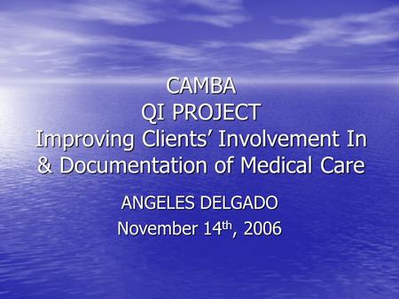 CAMBA QI PROJECT Improving Clients’ Involvement In & Documentation of Medical Care ANGELES DELGADO November 14 th, 2006.