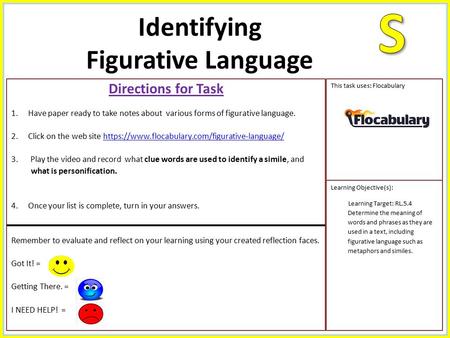 Directions for Task 1.Have paper ready to take notes about various forms of figurative language. 2.Click on the web site https://www.flocabulary.com/figurative-language/https://www.flocabulary.com/figurative-language/