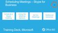 Scheduling Meetings – Skype for Business Training Deck, Microsoft Schedule a Skype meeting Using the Meeting Options Ad hoc Meetings Additional resources.