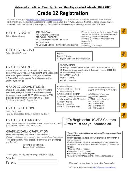Grade 12 Registration GRADE 12 MATH Select 1 Math Course. GRADE 12 ENGLISH Select 1 English Course. GRADE 12 SCIENCE Choose a Science from the Electives.