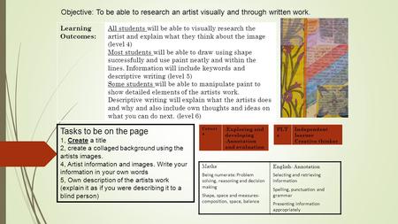 Objective: To be able to research an artist visually and through written work. Learning Outcomes: All students will be able to visually research the artist.