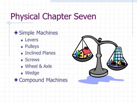 Physical Chapter Seven Simple Machines Levers Pulleys Inclined Planes Screws Wheel & Axle Wedge Compound Machines.