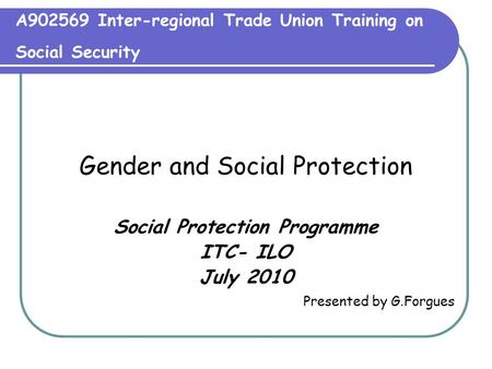A902569 Inter-regional Trade Union Training on Social Security Gender and Social Protection Social Protection Programme ITC- ILO July 2010 Presented by.