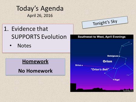Today’s Agenda April 26, 2016 Tonight’s Sky Homework No Homework Homework No Homework 1.Evidence that SUPPORTS Evolution Notes 1.Evidence that SUPPORTS.