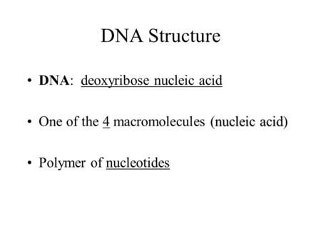DNA Structure DNA: deoxyribose nucleic acid nucleic acidOne of the 4 macromolecules (nucleic acid) Polymer of nucleotides.