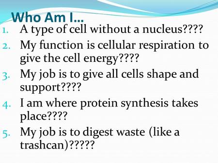 Who Am I… 1. A type of cell without a nucleus???? 2. My function is cellular respiration to give the cell energy???? 3. My job is to give all cells shape.