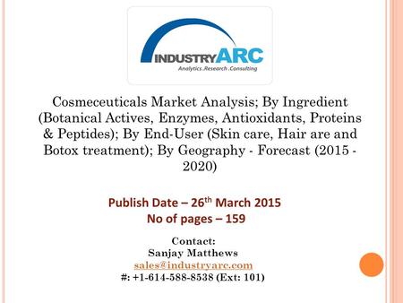Cosmeceuticals Market Analysis; By Ingredient (Botanical Actives, Enzymes, Antioxidants, Proteins & Peptides); By End-User (Skin care, Hair are and Botox.