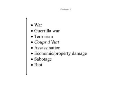  War  Guerrilla war  Terrorism  Coups d’état  Assassination  Economic/property damage  Sabotage  Riot Continuum 1.