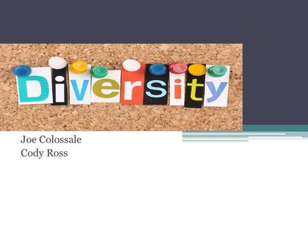 Diversity Joe Colossale Cody Ross. 3 Types of Diversity DemographicPsychologicalOrganizational GenderValues/MoralsSocial Status Race & EthnicityPersonalitiesOccupation.