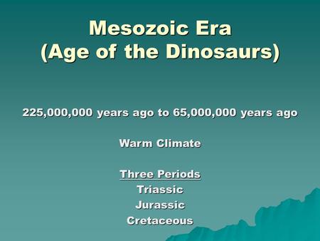 Mesozoic Era (Age of the Dinosaurs) 225,000,000 years ago to 65,000,000 years ago Warm Climate Three Periods TriassicJurassicCretaceous.