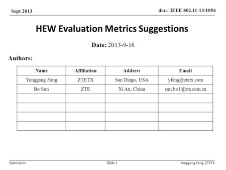 Doc.: IEEE 802.11-13/1054 Sept 2013 SubmissionYonggang Fang, ZTETX HEW Evaluation Metrics Suggestions Date: 2013-9-16 Slide 1 Authors: NameAffiliationAddressEmail.