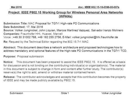Volker JungnickelSlide 1 doc.: IEEE 802.15-16-0396-00-007a Submission Mai 2016 Project: IEEE P802.15 Working Group for Wireless Personal Area Networks.