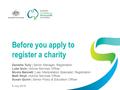 Before you apply to register a charity Danielle Tully | Senior Manager, Registration Luke Quin | Advice Services Officer Nicola Bennett | Law Interpretation.