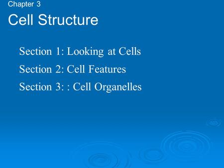 Chapter 3 Cell Structure Section 1: Looking at Cells Section 2: Cell Features Section 3: : Cell Organelles.