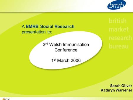 A BMRB Social Research presentation to: 3 rd Welsh Immunisation Conference 1 st March 2006 Sarah Oliver Kathryn Warrener.