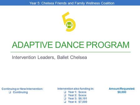 ADAPTIVE DANCE PROGRAM Intervention Leaders, Ballet Chelsea Amount Requested: $8,690 Intervention also funding in:  Year 1: $xxxx  Year 2: $xxxx  Year.