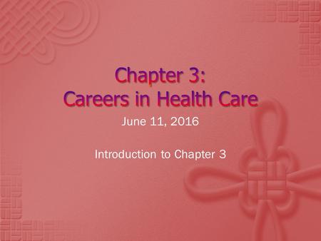 June 11, 2016 Introduction to Chapter 3. 1. Education Requirements 2. National Health Care Skill Standards 3. Health Careers  Departments 4. Assign Project.