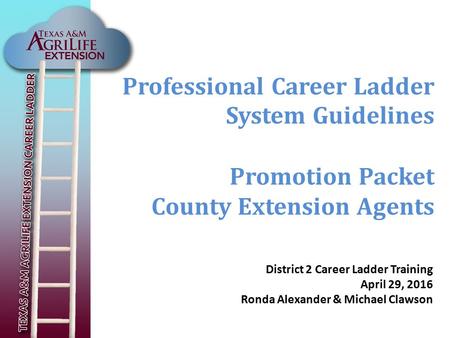 Professional Career Ladder System Guidelines Promotion Packet County Extension Agents District 2 Career Ladder Training April 29, 2016 Ronda Alexander.