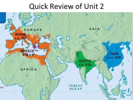 Quick Review of Unit 2. Ancient Greece Ancient Rome Pax Romana Era of decline.