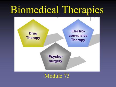 Biomedical Therapies Module 73. Biomedical Therapies Medical Treatment of psychological disorders that involve changing the brain’s functioning by using.