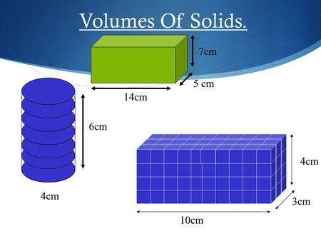 Volumes Of Solids. 14cm 5 cm 7cm 4cm 6cm 10cm 3cm 4cm.