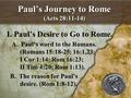 Paul’s Journey to Rome (Acts 28:11-14) I. Paul’s Desire to Go to Rome. A. Paul’s word to the Romans. (Romans 15:18-25; 16:1,23; I Cor 1:14; Rom 16:23;