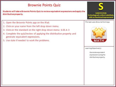 Brownie Points Quiz 1.Open the Brownie Points app on the iPad. 2.Click on your name from the left drop down menu. 3.Click on the standard on the right.
