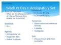 Week #2 Day 1: Anticipatory Set Essential Question  What are the Characteristics of Life and how do they enable me to survive? Standards  B.1.2 Agenda: